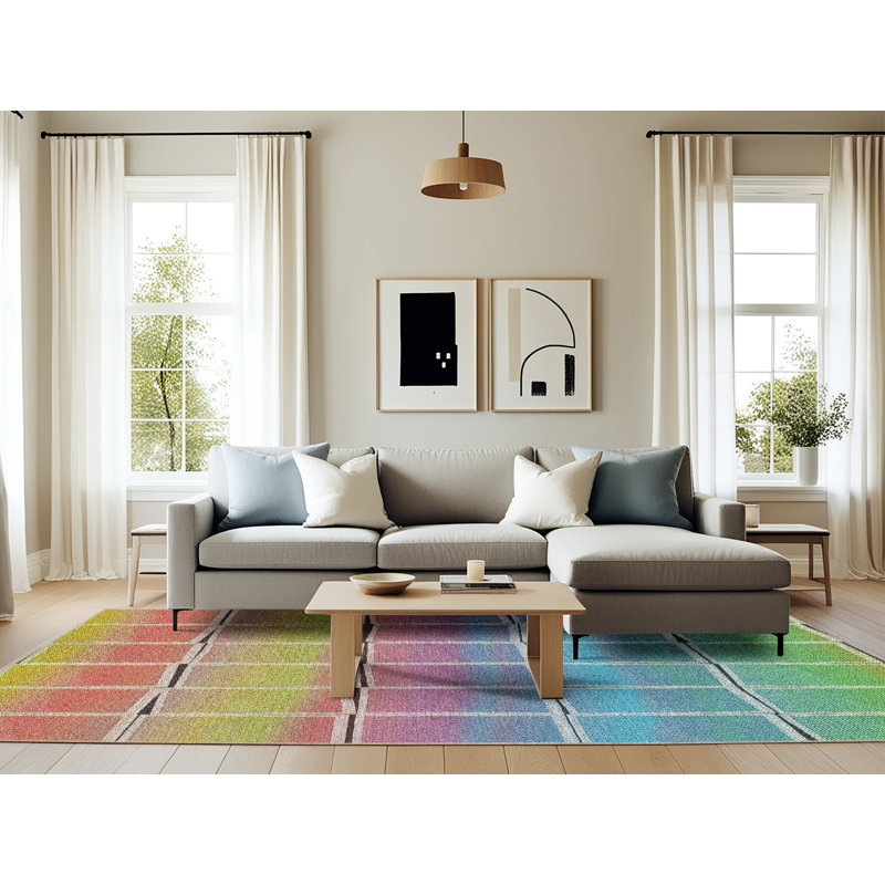 Tapis orange/bleu/zone jaune à motifs, Rectangle 6 pi x 9 pi