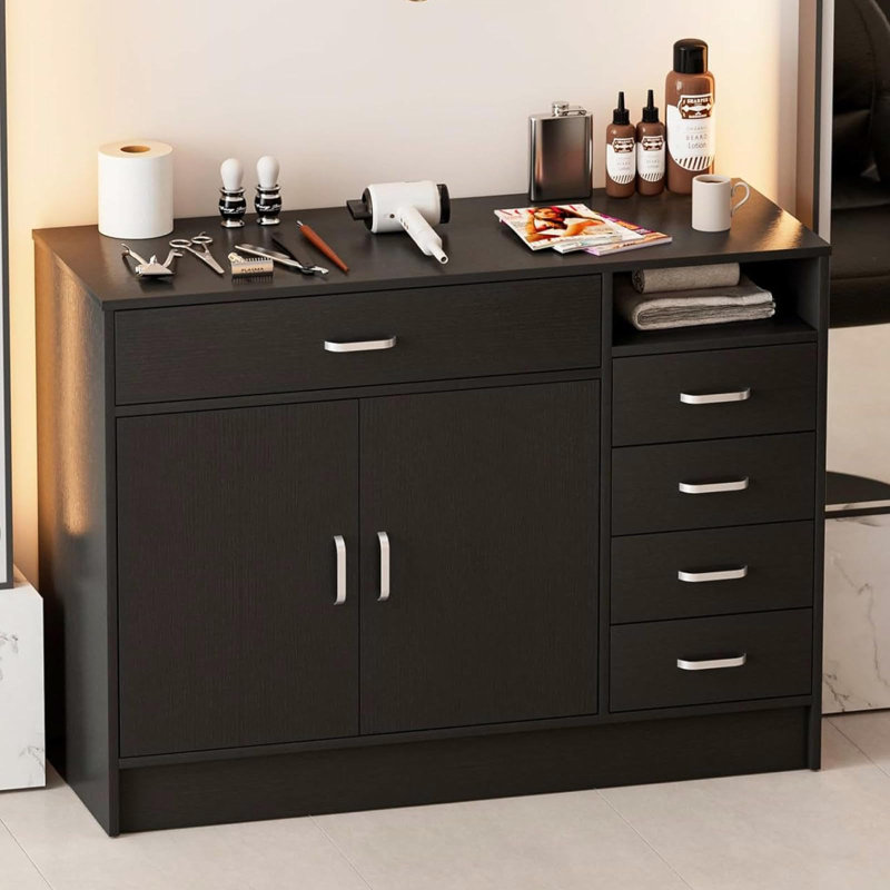 Armoire autoportante à 5 tiroirs pour salon de coiffure, coiffeuse avec 4 tiroirs latéraux, 1 tiroir central, 1 armoire et tablette ouverte, salon de coiffure