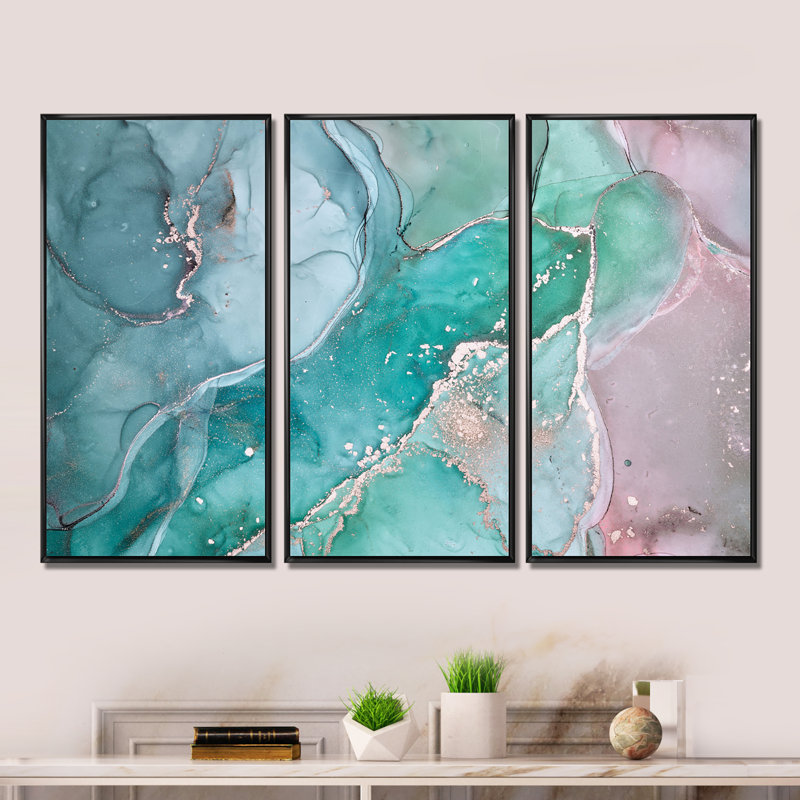 Turquoise abstrait marbré - 3 pièces, reproduction sur toile flottante, Cadre noir, H 28 po x l 36 po x P 1 po