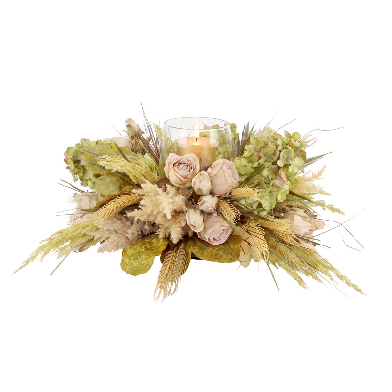Fall Candleholder with Hydrangeas, Dried Roses and Wheat