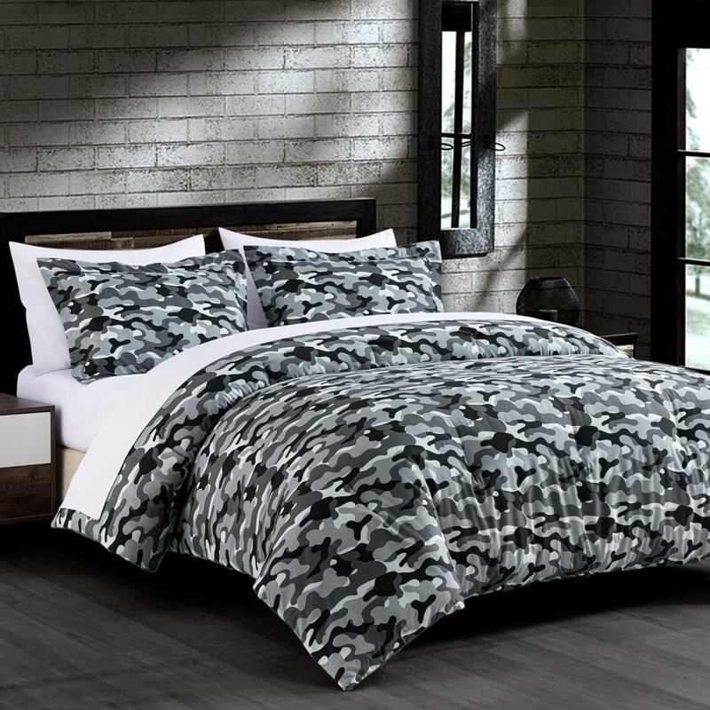 Ensemble d'édredon réversible en microfibre imprimé camouflage 3 pièces, Édredon pour lit simple + 1 taie décorative stan