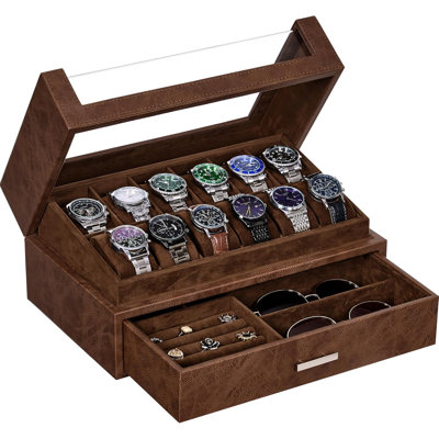 12 Slot Watch Box Organizer Watch Cases For Men Watch Display Case With Clear Acrylic Lid Luxury Watch Holder Watch Storage Case For Jewelry Sunglasse
