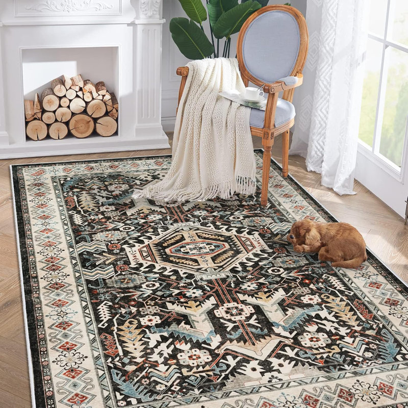Washable Living Room Area Rug - Large Bedroom Rug Distressed Oriental Non-Slip Non-Shedding Print Floor Carpet for Dining Room Kitchen (Black)