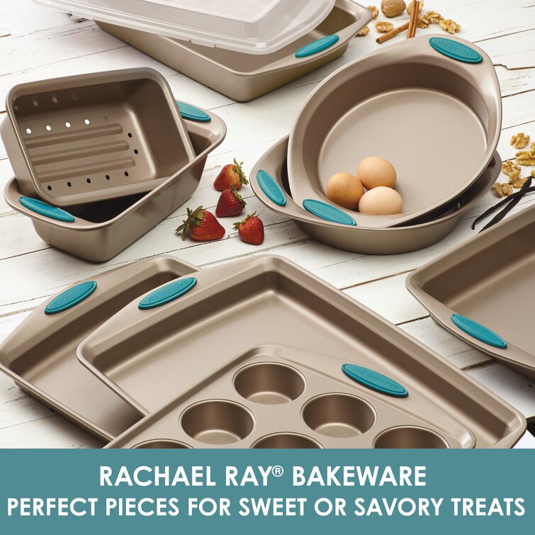 Rachael Ray Baking Sheet and Pastry Knife / Bench Scraper Set, 11-Inch x  17-Inch, Latte Brown with Agave Blue Handle Grips