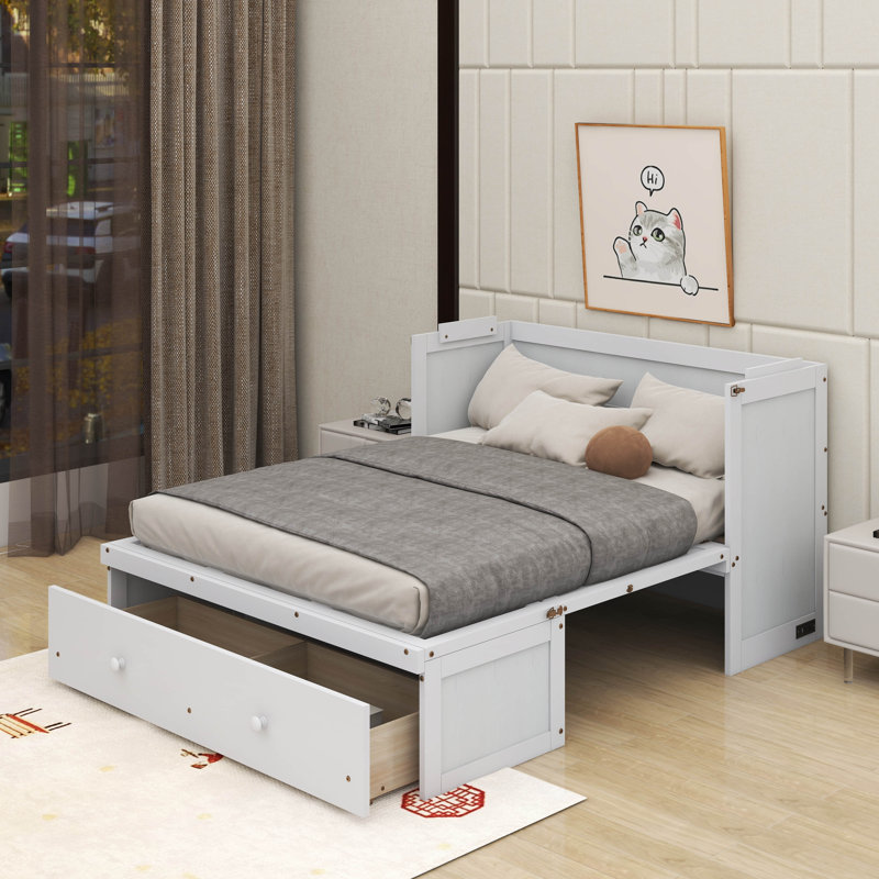 Lit escamotable avec port USB et tiroir, Lit double, Blanc