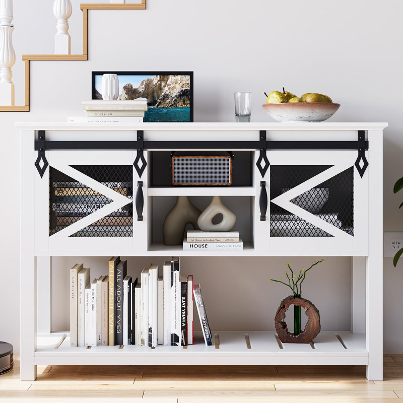 Farmhouse Entryway Table With Sliding Barn Doors, Sofa Table With Storage And Open Shelf, Console Tables, White