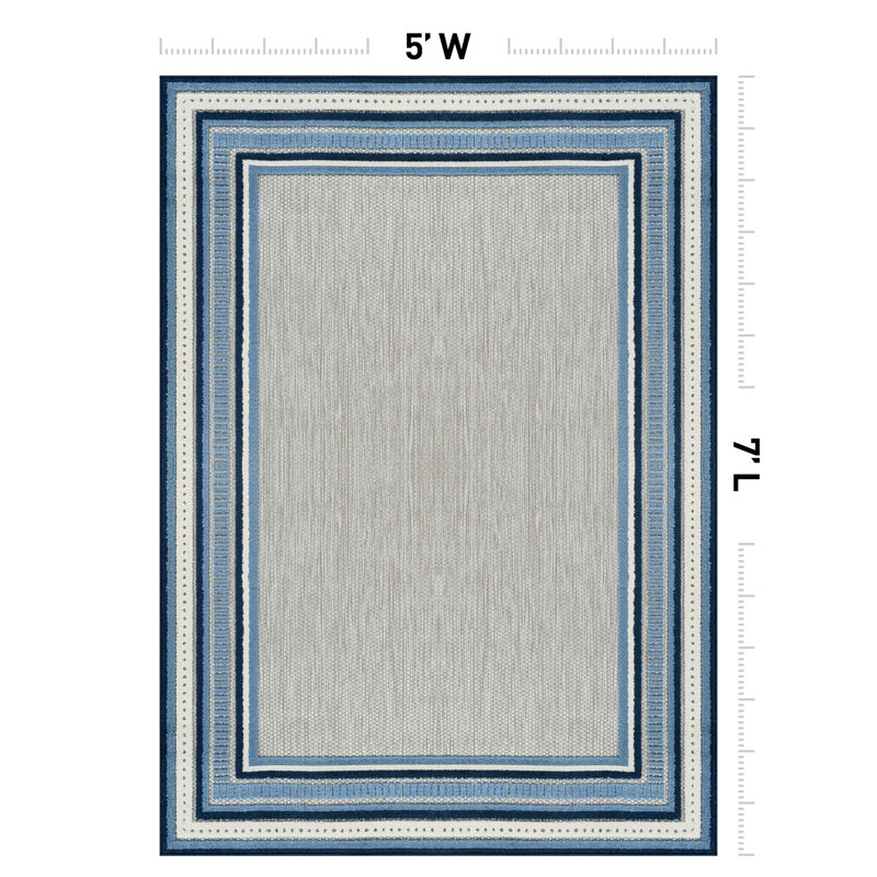 Coastal Border Ivory/Navy Indoor/Outdoor High-Low Area Rug, Navy, Rectangle 5' x 7'