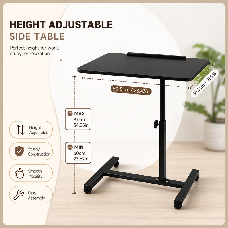 Multi Functional Height Adjustable and Movable Overbed Laptop Desk End table with Rolling Casters