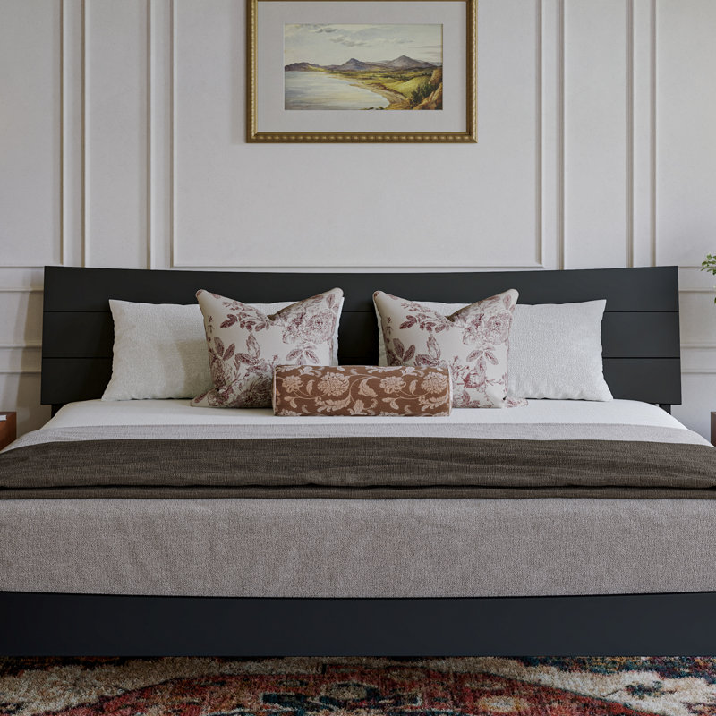 Lit plateforme en bois Phoenix avec pied de lit assorti, Black, Très grand lit