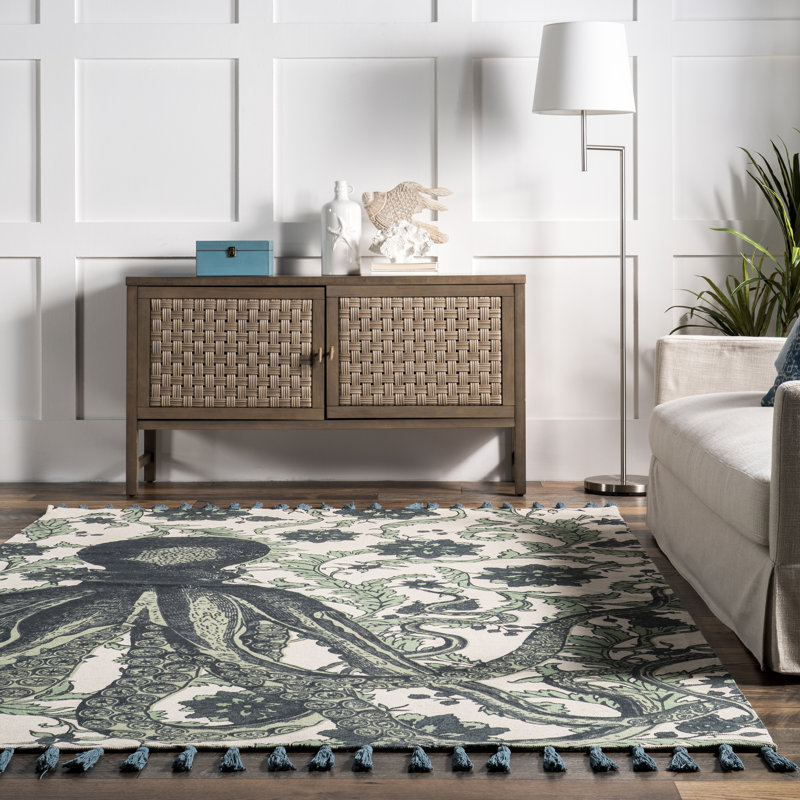 Thomas Paul Octopus Tasseled Aqua Area Rug, Rectangle 5' x 8'