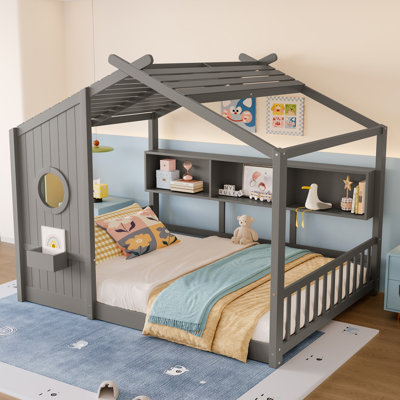 Lit double pleine grandeur pour enfant, lit Montessori pour enfants avec tablette de rangement, lit de jeu avec toit, gris
