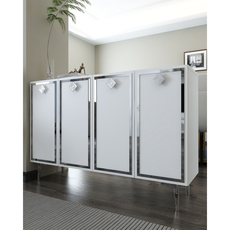 Console moderne avec tablettes multiples, blanc et argent, 47,2 po x 29,5 po x 11,6 po | 100% panneau de particules enduit de mélamine, épaisseur: 0,71 pouce | Conception murale, élégante et fonctionnelle pour le salon ou le couloir