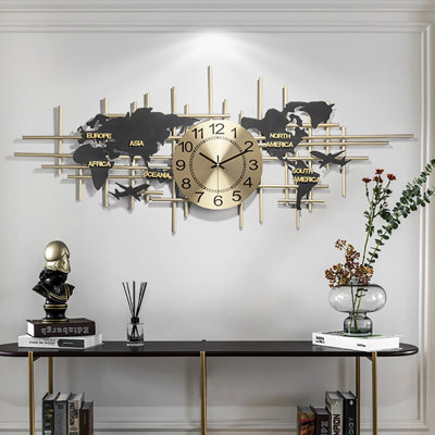 38" Modern Metal Large Map Wall Clock Decor Creative Silent Clocks Art For Living Room