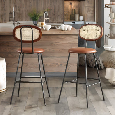 Ezrol 2-Piece Adjustable Height Stools Industrial Faux Leather With Back & Footrest