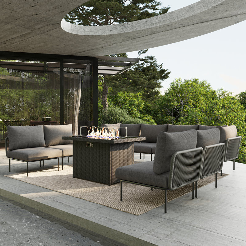 Ebern Designs 9 Pieces Aluminum Patio Furniture Set, Modern Modular Sectional Sofa with Fire Pit Table and Upgrade Thickness Cushion