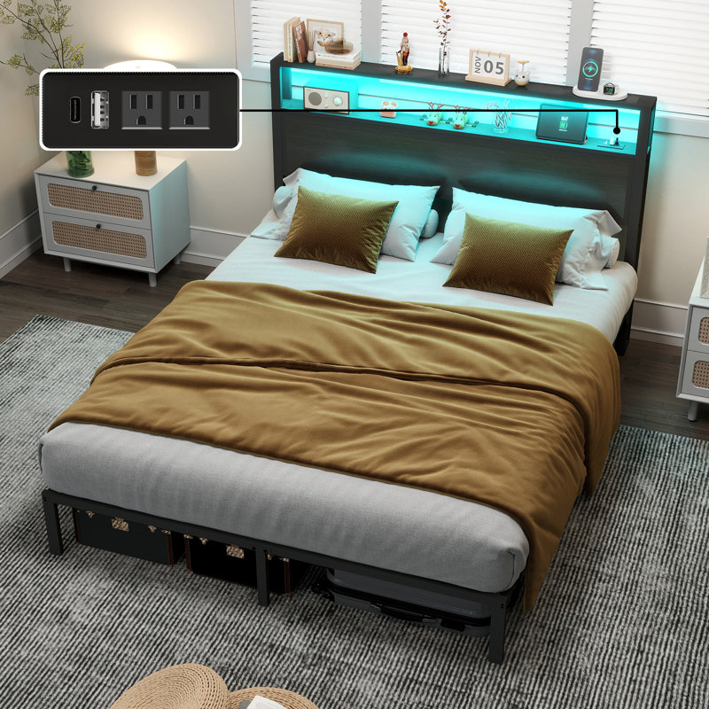 Bed Frame with 2-Tier Storage Headboard, Platform Bed with LED Lights and Charging Station, Underbed Storage Space, Full