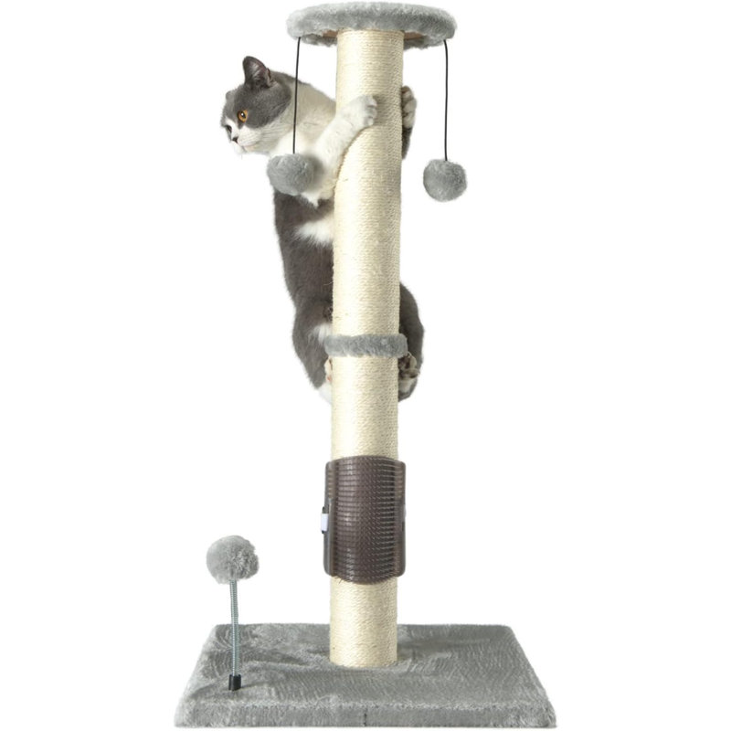 32" Tall Light Gray Sisal Cat Scratching Post with Hanging Ball and Brush