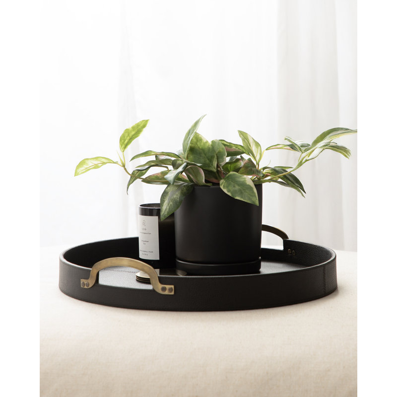Round Vegan Leather Tray with Handles, Black