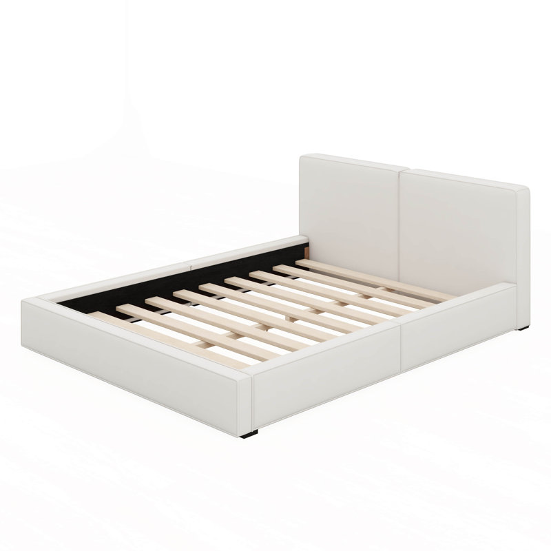 Grand lit plateforme tapissier avec structure solide, Beige