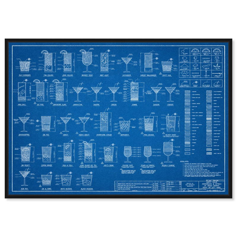 Drinks and Spirits Happy Hour Specs, bleu industriel - Impression sur toile, H 24 po x l 36 po, Toile avec cadre noir