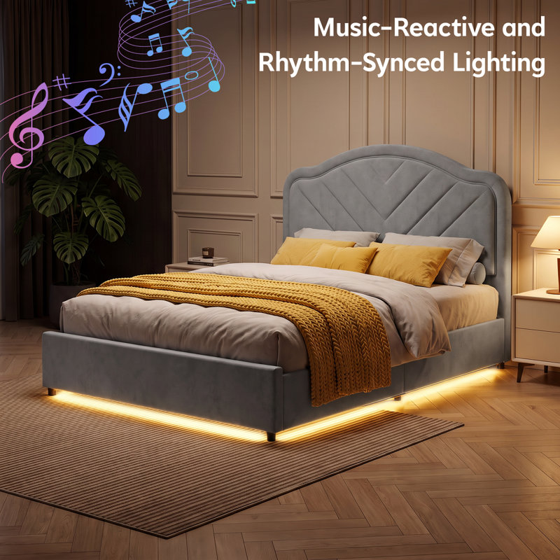 Bed Frame with Velvet Headboard, Smart Adjustable LED Light, Metal Ottoman Bed Frame With Wooden Slat Support, Gas Lift Under Bed Storage