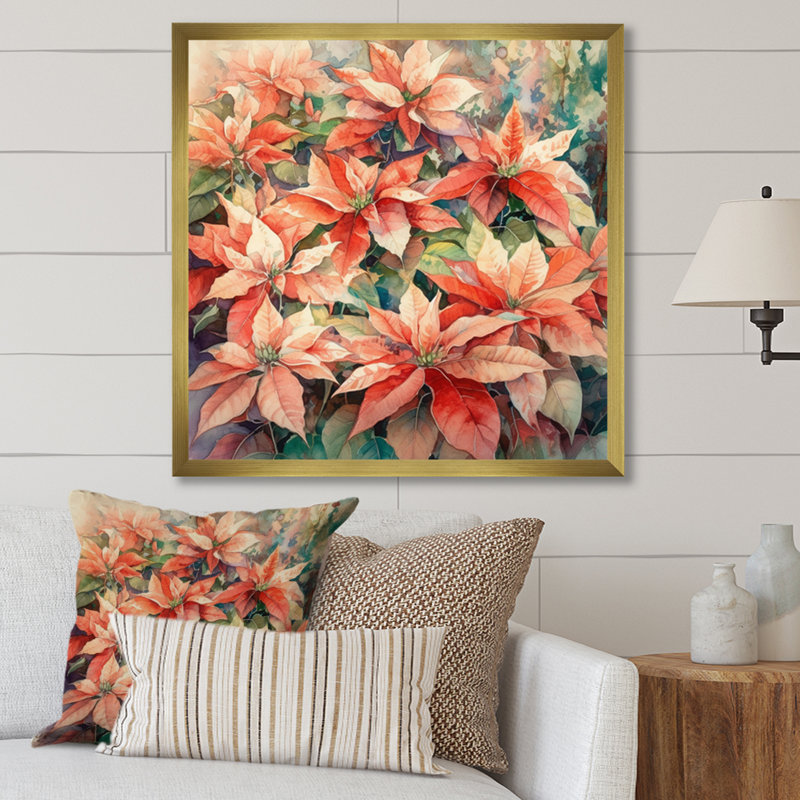 «Red Blossoming Poinsettias III», reproduction sur toile, H 30 po x l 30 po x P 1 po, Encadrement doré
