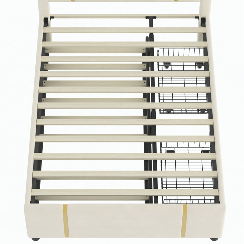 Lit plateforme tapissier avec lit gigogne et repose-pieds avec rangement, Beige
