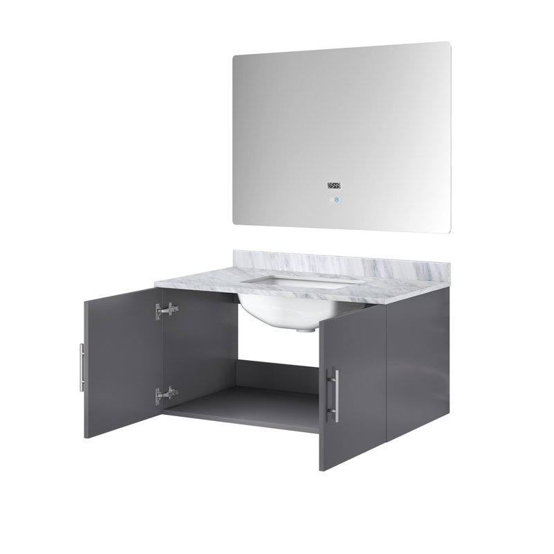 Meuble-lavabo l 36 po x P 22 po, comptoir en marbre de Carrare et miroir DEL 36 po, Gris foncé