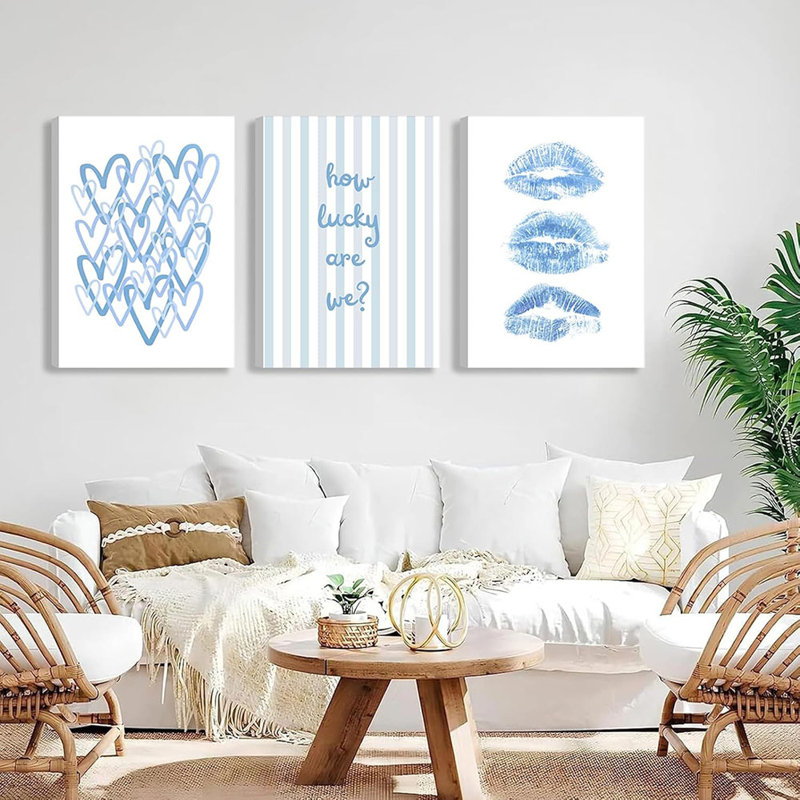 3Pcs Trendy Blue Canvas Wall Art Light Blue Preppy Wall Decor How Lucky Are We Pictures Funky Kiss Lips Artwork Coquette Aesthetic Poster Prints For Girl Bedroom Living Room Bar Dorm 16X24in