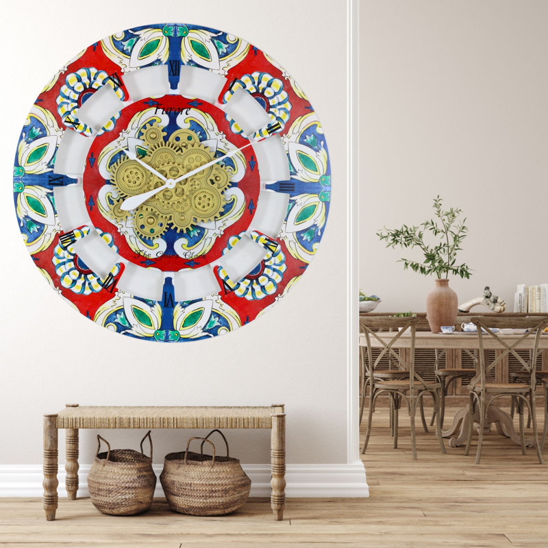 Oversized 36" Multicolor Wood Wall Clock with Moving Gears