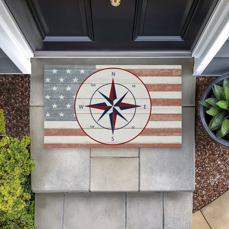 Tapis de porte d'extérieur imprimé drapeau nautique avec boussole, design par Kim Allen, 18 po x 30 po