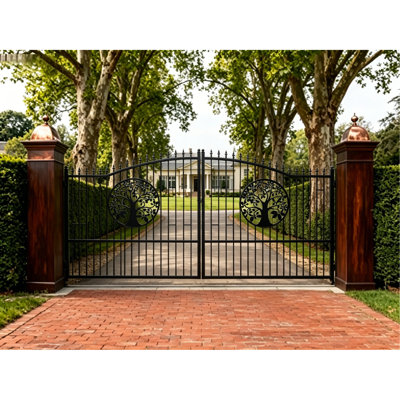 20FT x 7FT Heavy-Duty Bi-Parting Iron Gate – Galvanized Steel Driveway Entrance Gate  (Tree Flower)