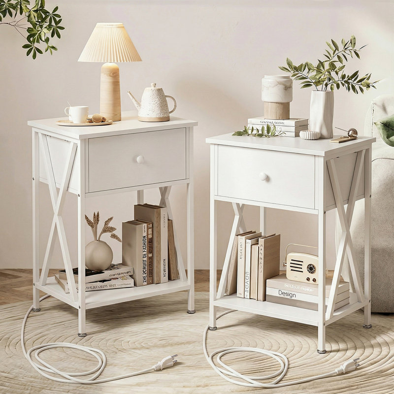 21.7'' Tall 1 - Drawer Nightstand with Charging Station, Rustic Bedside Table and Built-In Outlets, Set of 2, White