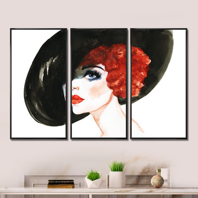«Red Head Lady In Hat Portrait of Woman», reproduction de cadre flottant sur toile 3 pièces