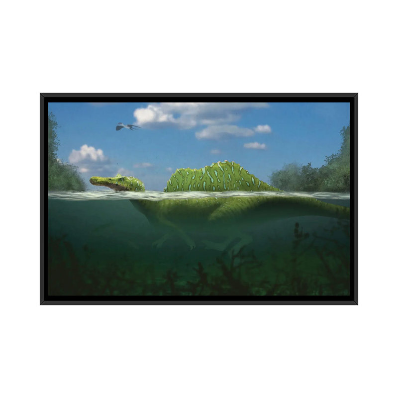 Spinosaurus Swimming In A River. by Paulo Leite Da Silva - Print on Canvas, 66.04 cm H x 45.72 cm W, Black Framed