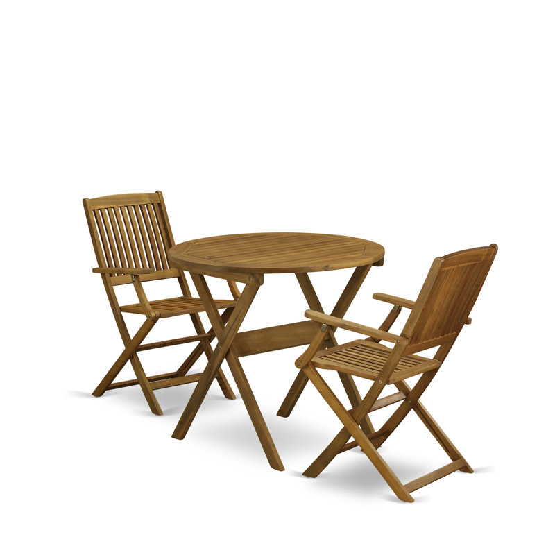 3 Piece Folding Patio Bistro Sets Outdoor Set Contains a Round Acacia Wood Coffee Table and 2 Folding Arm Chairs, Natural Oil