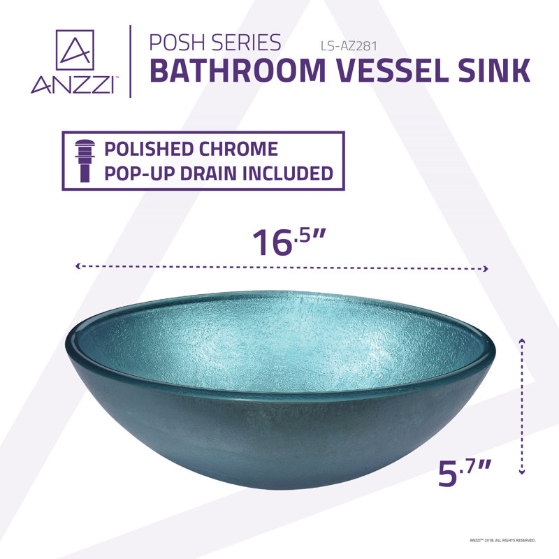ANZZI Posh 16.5'' Glass Circular Bathroom Sink, Coral Blue