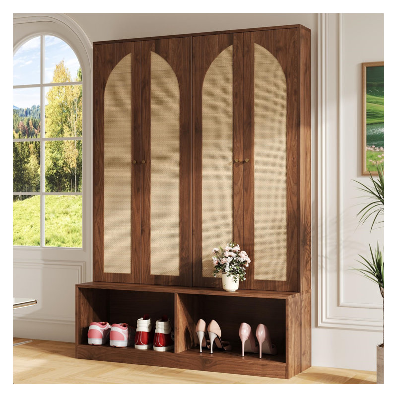 Farmhouse Widen Hall Tree with Rattan Doors - 4-in-1 Entryway Shoe Cabinet with Bench, 6 Hooks & Adjustable Shelf, Walnut Finish, 55.1"W