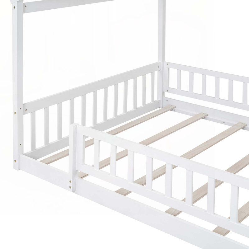 Structure de lit en bois avec clôture, Blanc, Double