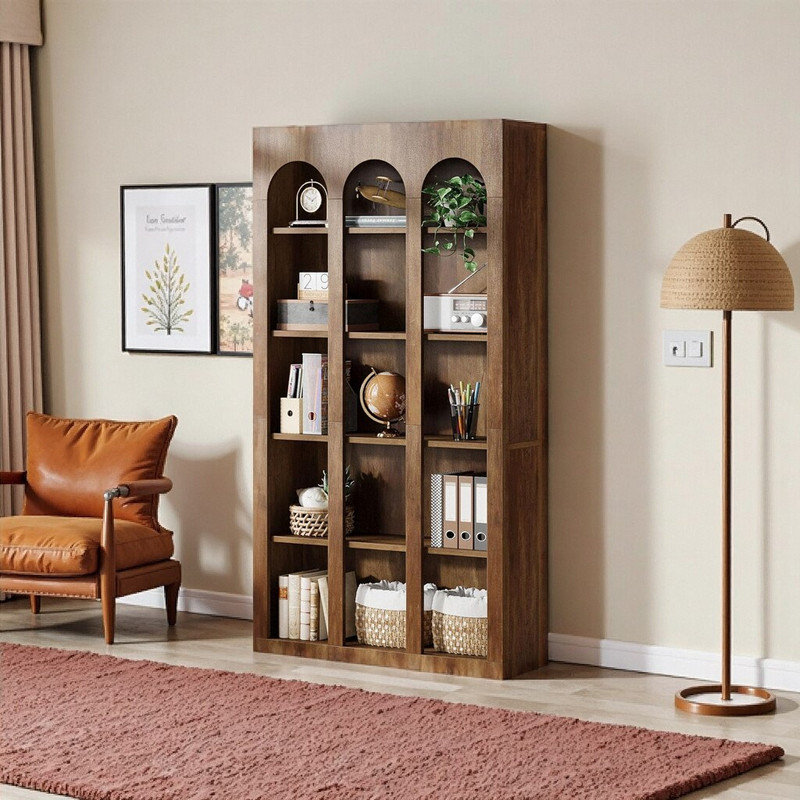 Bibliothèque rustique rustique à 5 niveaux - Design Mid-Century arqué