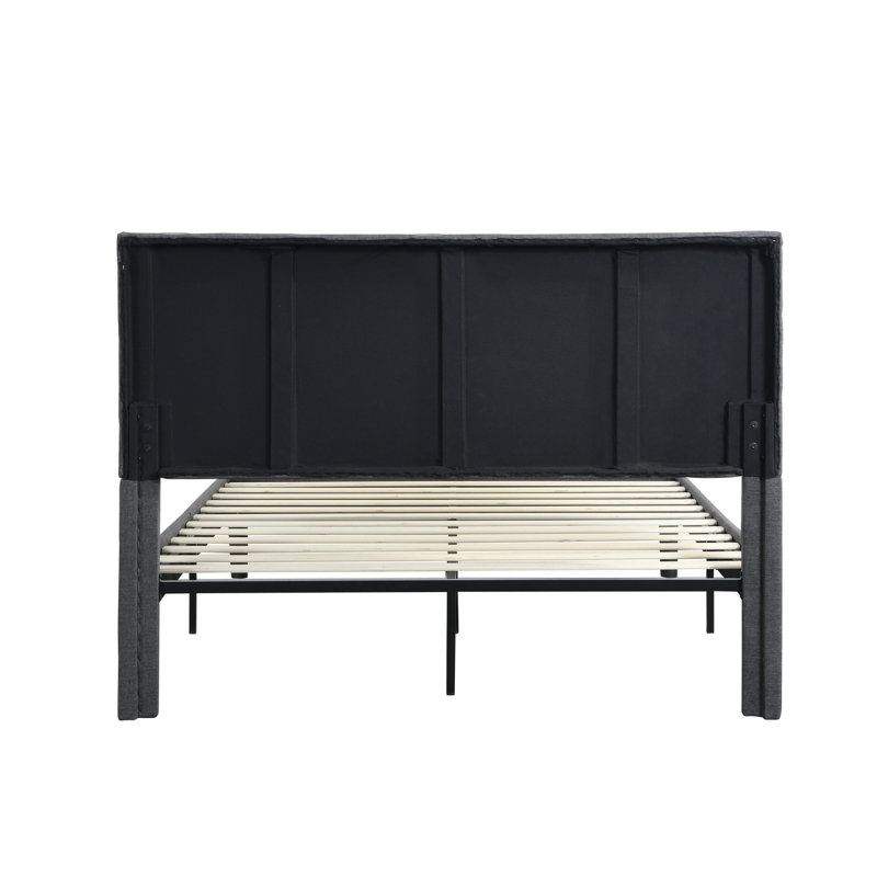 Cadre de lit plateforme grand rembourré avec tête de lit, support de lattes en bois massif, sommier à ressorts, aucun sommier requis, assemblage facile, gris