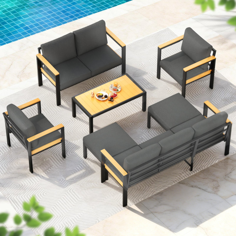 7PCS Patio Furniture Set, All-Weather Outdoor Conversation Set With Coffee Table & 2 Ottomans, Black