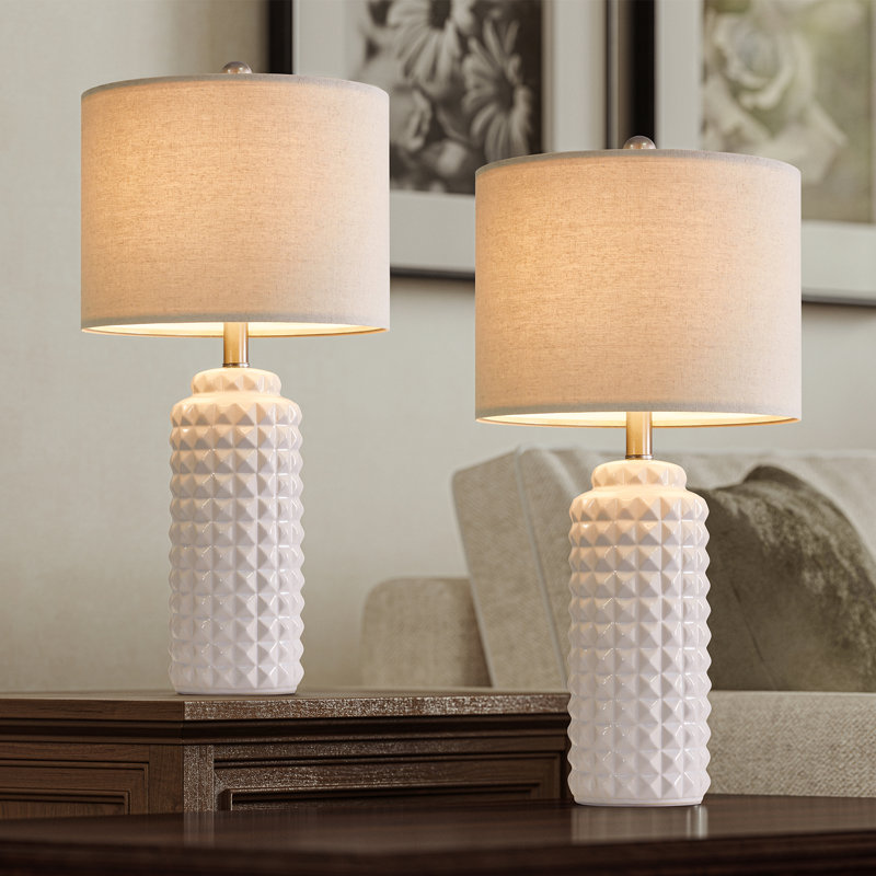 White Ceramic Table Lamps with Beige Linen Shades, Set of 2