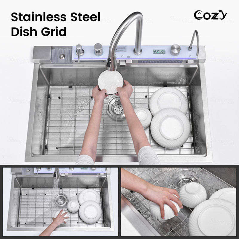 Robinet rétractable à simple cuve d'évier de cuisine 304 33 "x 22" Baleine Cascade Lavabo en acier inoxydable avec accessoires de lave-vaisselle