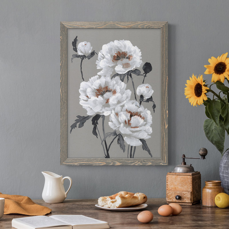 Peony Profusion I - Peinture sur toile encadrée, H 24 po x l 20 po x P 1 po, gris