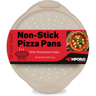 Non-stick Pizza Pan With Silicone Handle 1 Pack, 13 Inch Round Carbon Steel Tray With Perforated Holes, Dishwasher & Oven Safe Up To 450°f, Pfoapfosptfe Free, Durable Nonstick White Marble Coating
