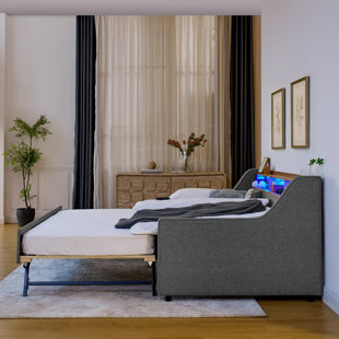 Canapé-lit rembourré avec trois lumières à DEL, avec tête de lit réglable avec rangement, lit gigogne escamotable à pieds et charge sans fil, cadre de canapé-lit rembourré en lin