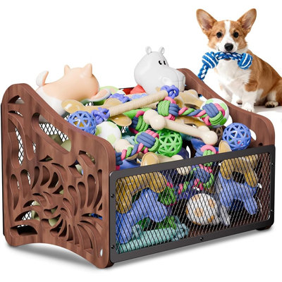 Grand panier à jouets pour chien, boîte à jouets pour chien en bois, brun noir