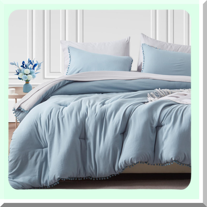 Pom Pom Fringe Comforter Set - 5-Piece Reversible Bed in a Bag with Sheets & Pillowcases - Cozy Bedding Set for Beds