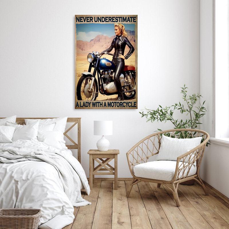 Une dame avec une moto - 1 pièce, impression d'art graphique rectangulaire sur toile tendue, H 14 po x l 11 po x P 1,25 po